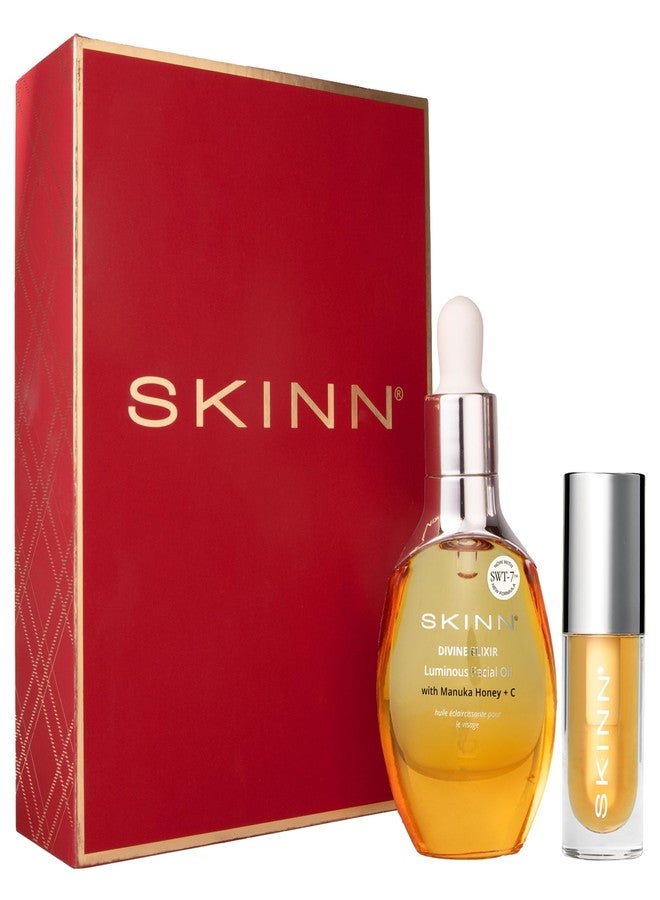 سكن مجموعة SKINN للعطلات، زيت الوجه وزيت الشفاه المضيء - غسول للوجه لتفتيح البشرة وشدها وترطيبها بشكل ملحوظ - يدعم إنتاج الكولاجين ويهدئ الشفاه الجافة والمتشققة - فيتامين سي وعسل مانوكا - Image 1